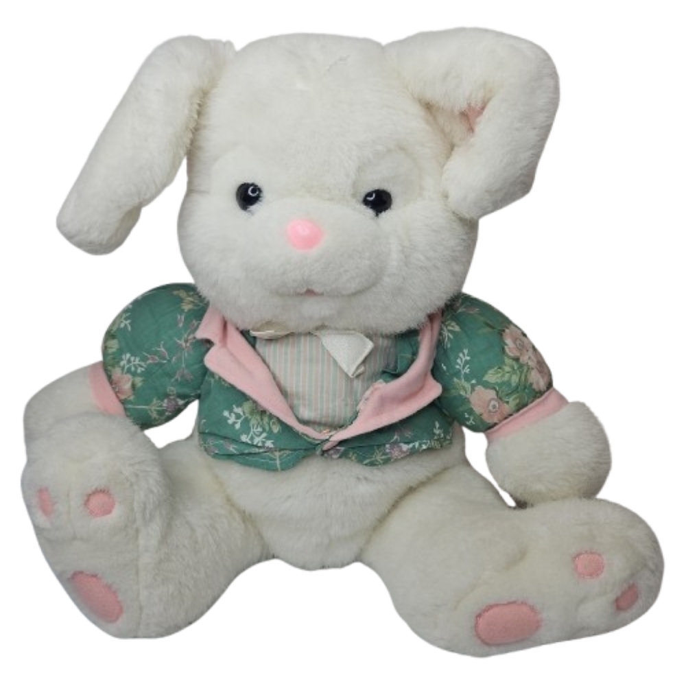 Vintage Easter Mr Bunny Plush White Pink Bunny Green Cloth Easter Playful Rabbit